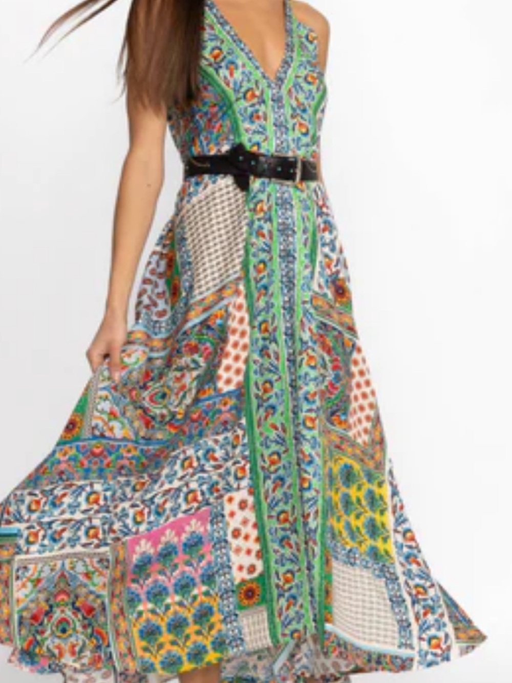 Johnny Was Multicolor Patchwork V-Neck Maxi Dress
